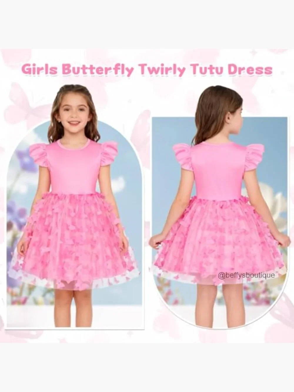 Toddler Girl Butterfly Tutu Dress with Ruffle Sleeves Skater Swing Sundress - Picture 4 of 6